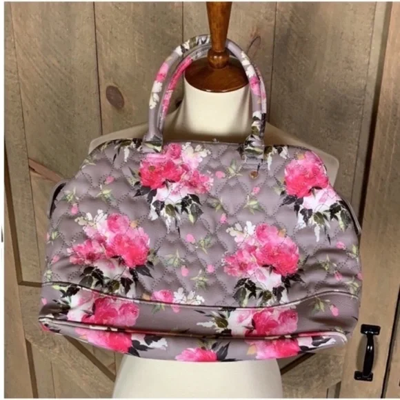 Betsey Johnson gray and pink floral print quilted satchel with crossbody strap - Picture 2 of 9